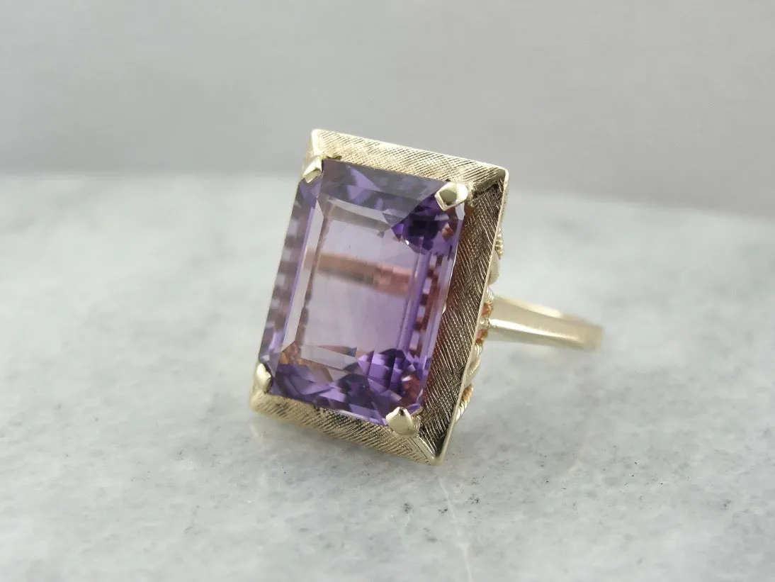 1970's Amethyst Cocktail Ring with Perfect Brushed Finish, Yellow Gold Frame