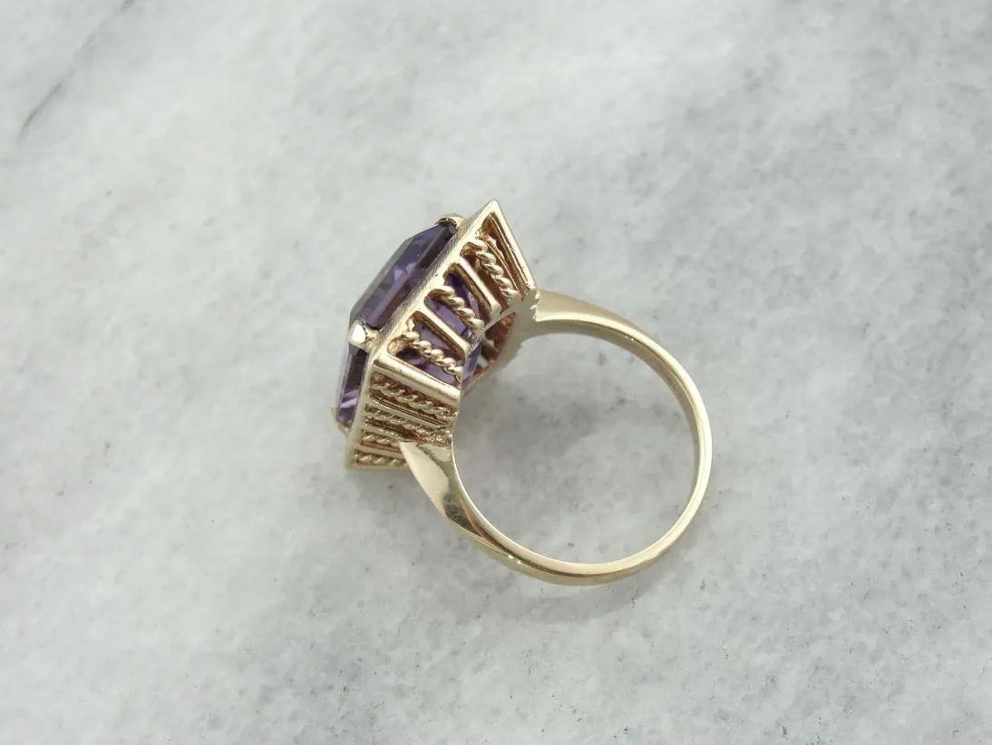 1970's Amethyst Cocktail Ring with Perfect Brushed Finish, Yellow Gold Frame