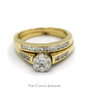 1cttw Diamond Cluster Bridal Set with Channel Set Accents & Matching Band in 10k Yellow Gold