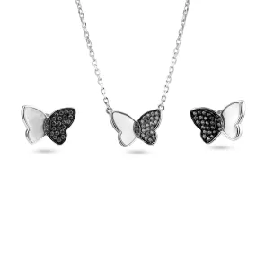 925 Sterling Silver Rhodium Butterfly Clear CZ and Mother of Pearl Earring and Pendant Set - BGS00623