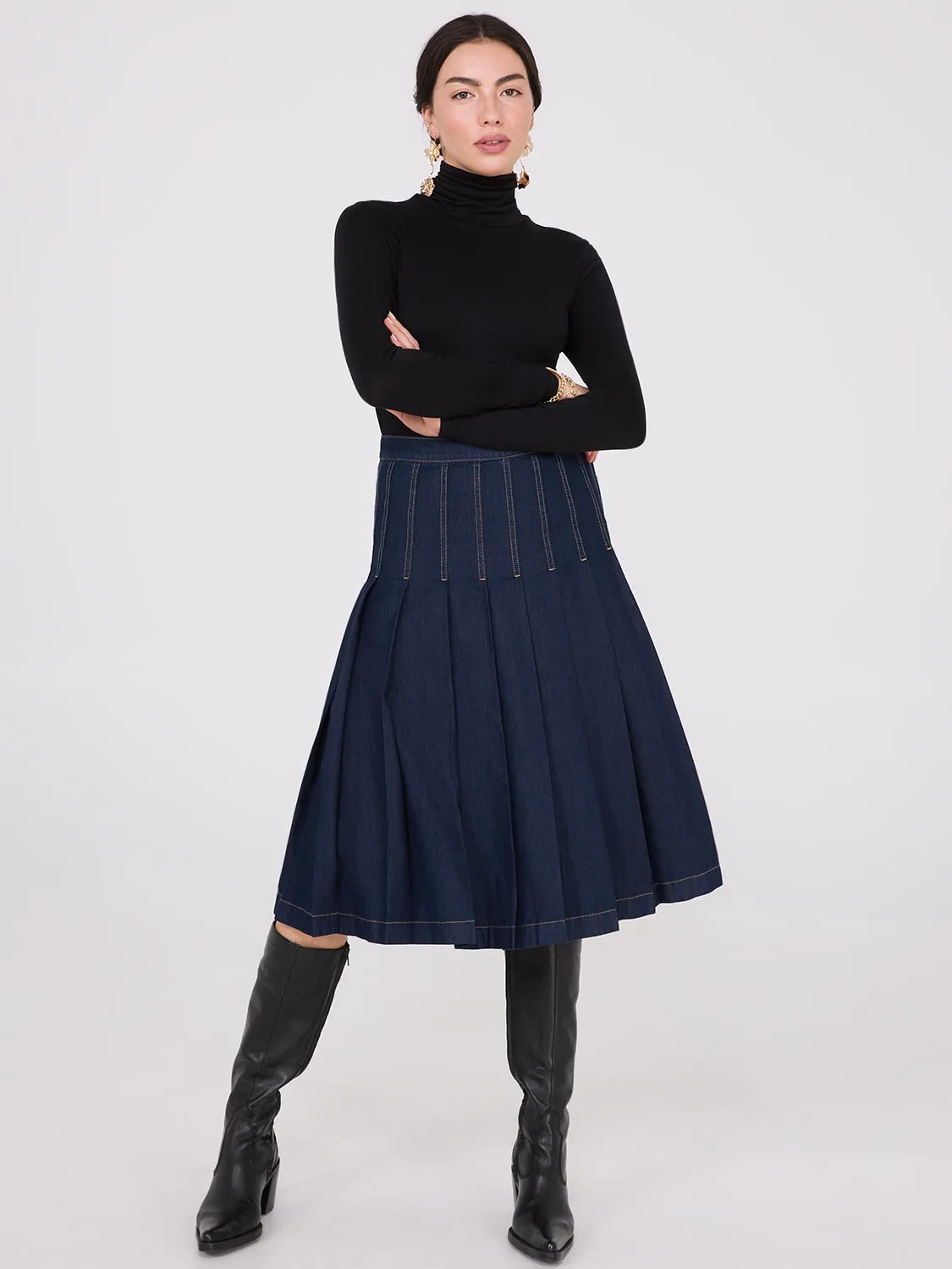 Denim Pleated Midi Skirt