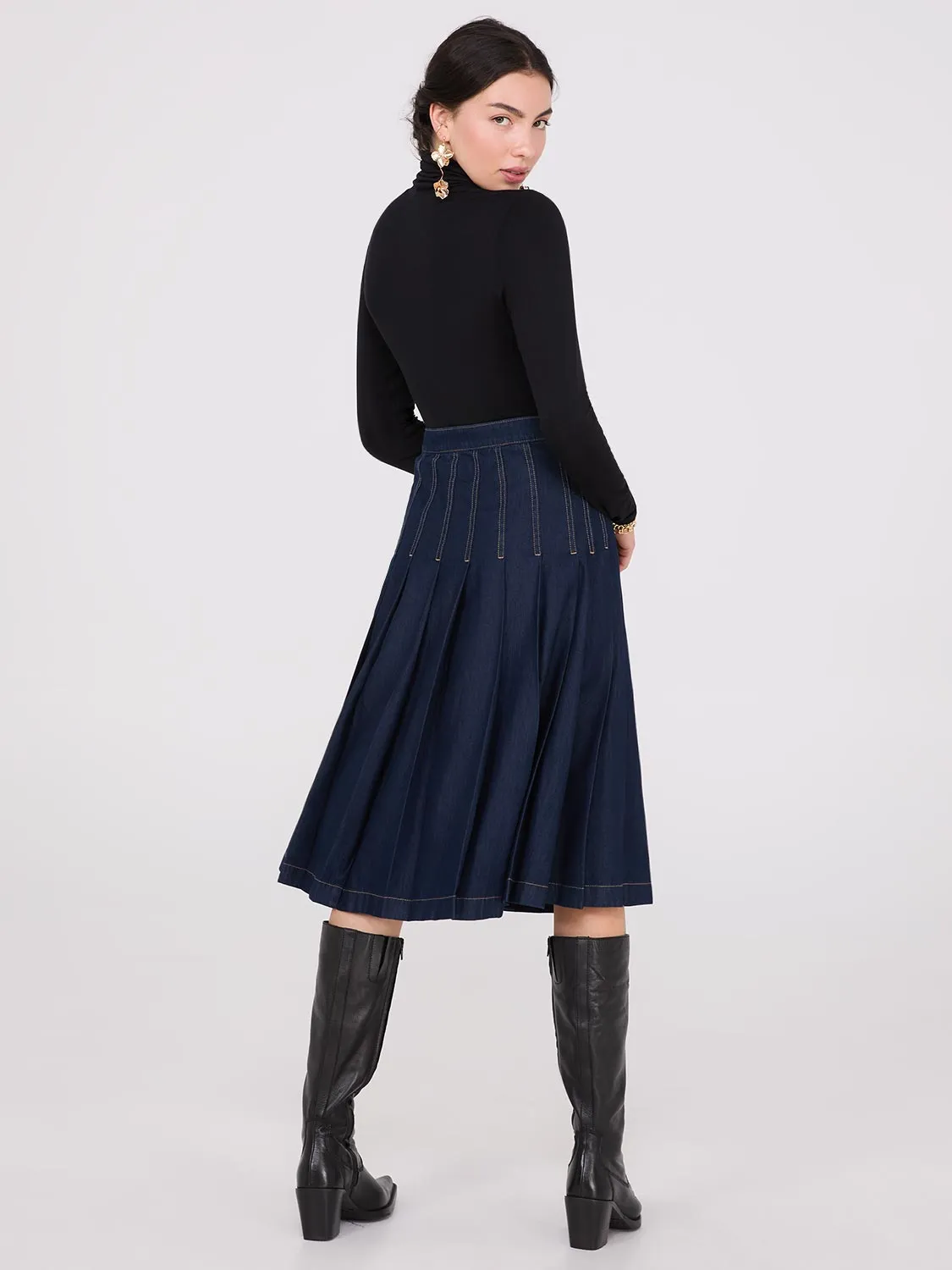 Denim Pleated Midi Skirt