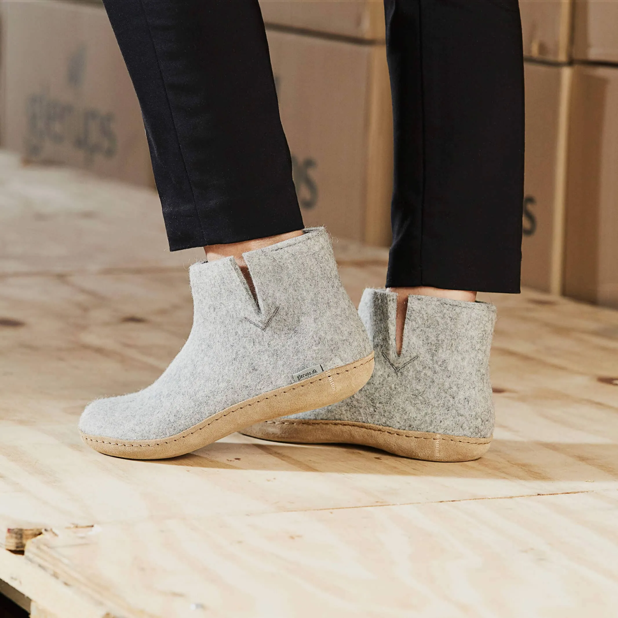 Glerups Grey Boot with Leather Sole Slipper