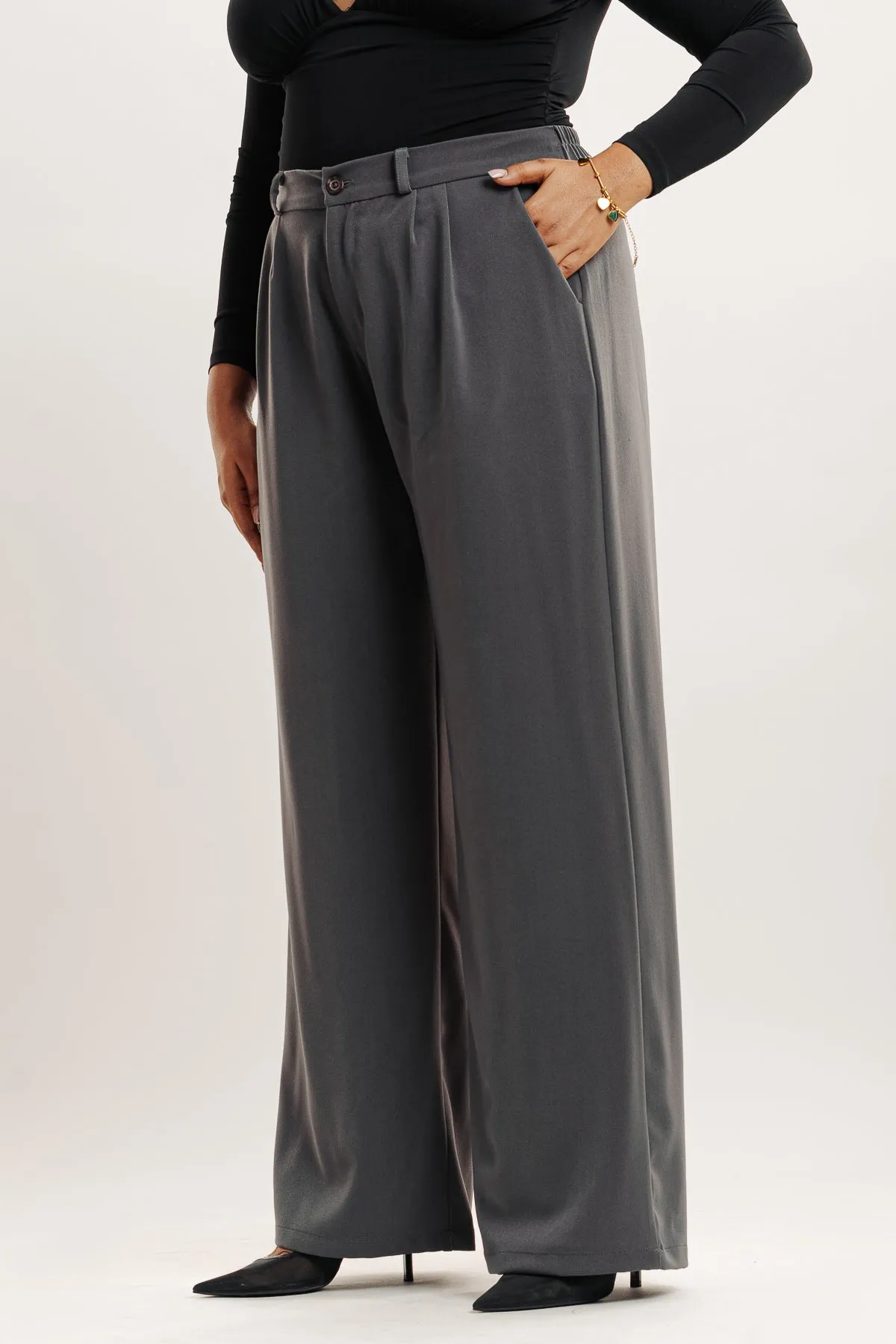 Grey Pleated Straight Fit Curve Korean Pant