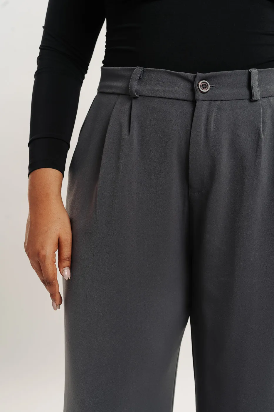 Grey Pleated Straight Fit Curve Korean Pant