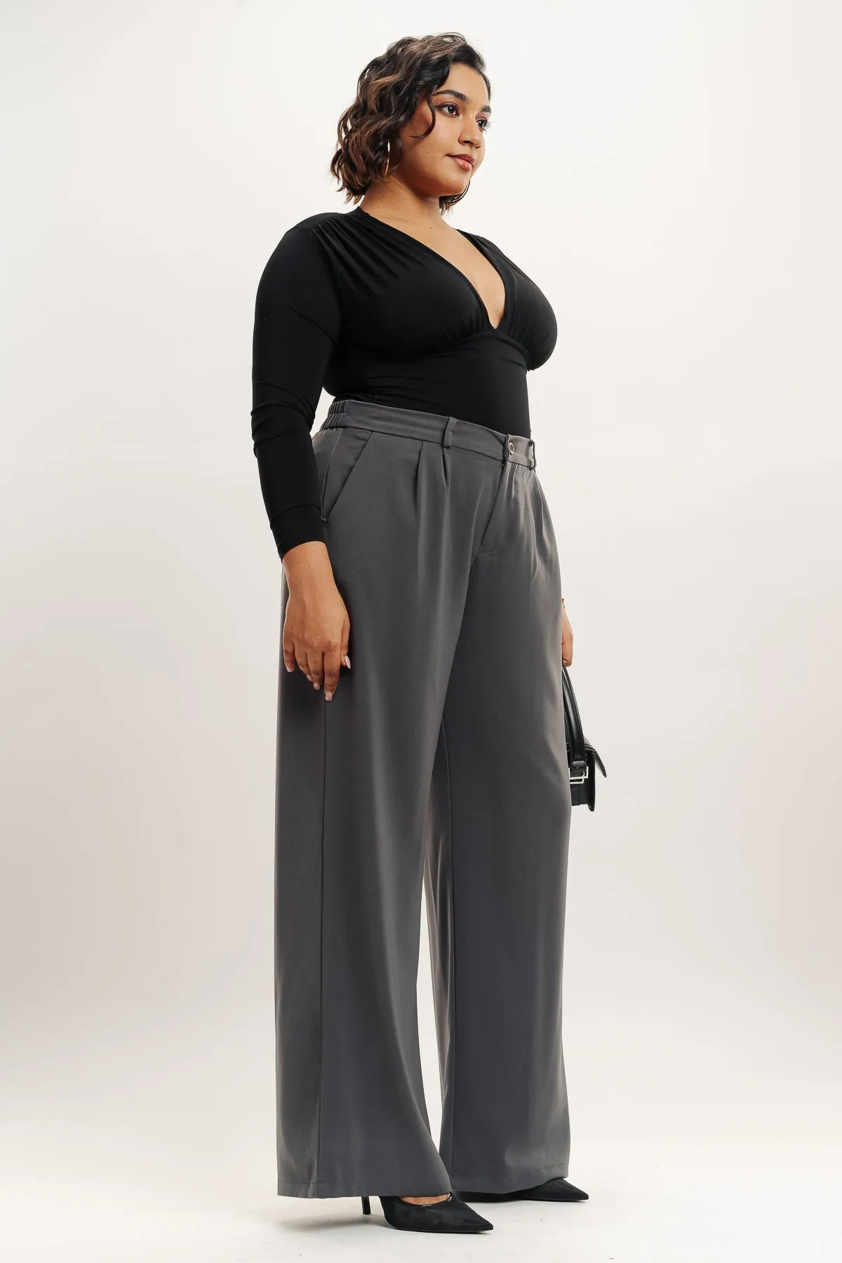 Grey Pleated Straight Fit Curve Korean Pant