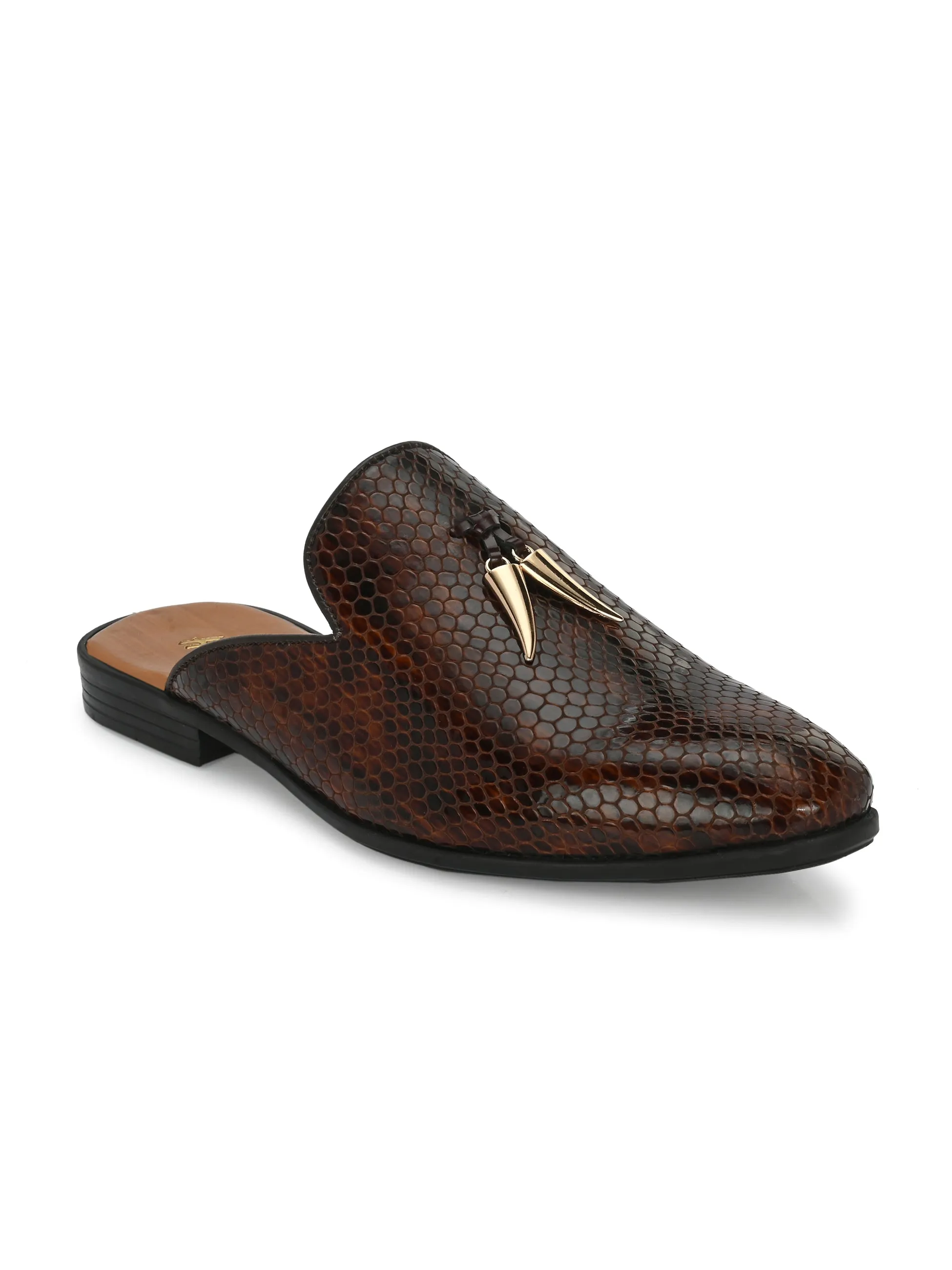 Hitz Men's Brown Leather Half Shoes Ethnic Wear Mule Shoes