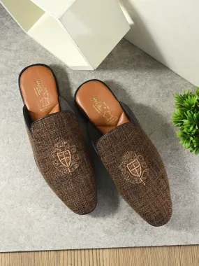 Hitz Men's Brown Leather Half Shoes Ethnic Wear Mule Shoes