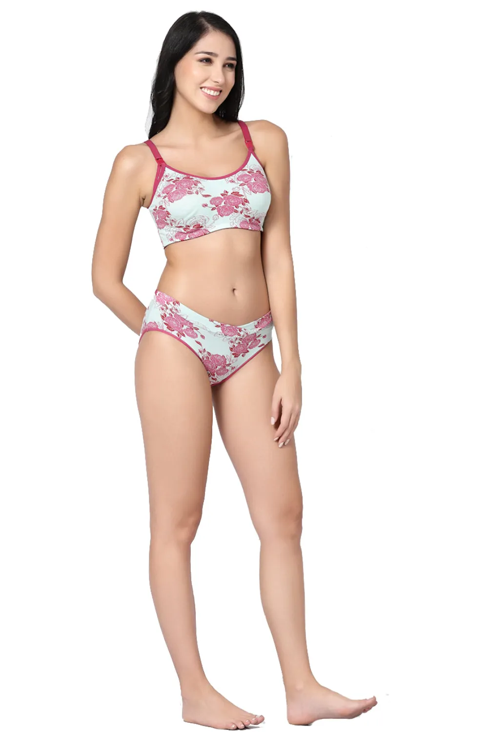 Organic Cotton  Antimicrobial Seamless Maternity Bra and Panty set-IMBP004C_IMP102-Pink Floral Print