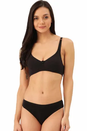 Organic Cotton  Antimicrobial  Seamless Side Support Bra & Panty Set-ISBP057-Bikini-Black-