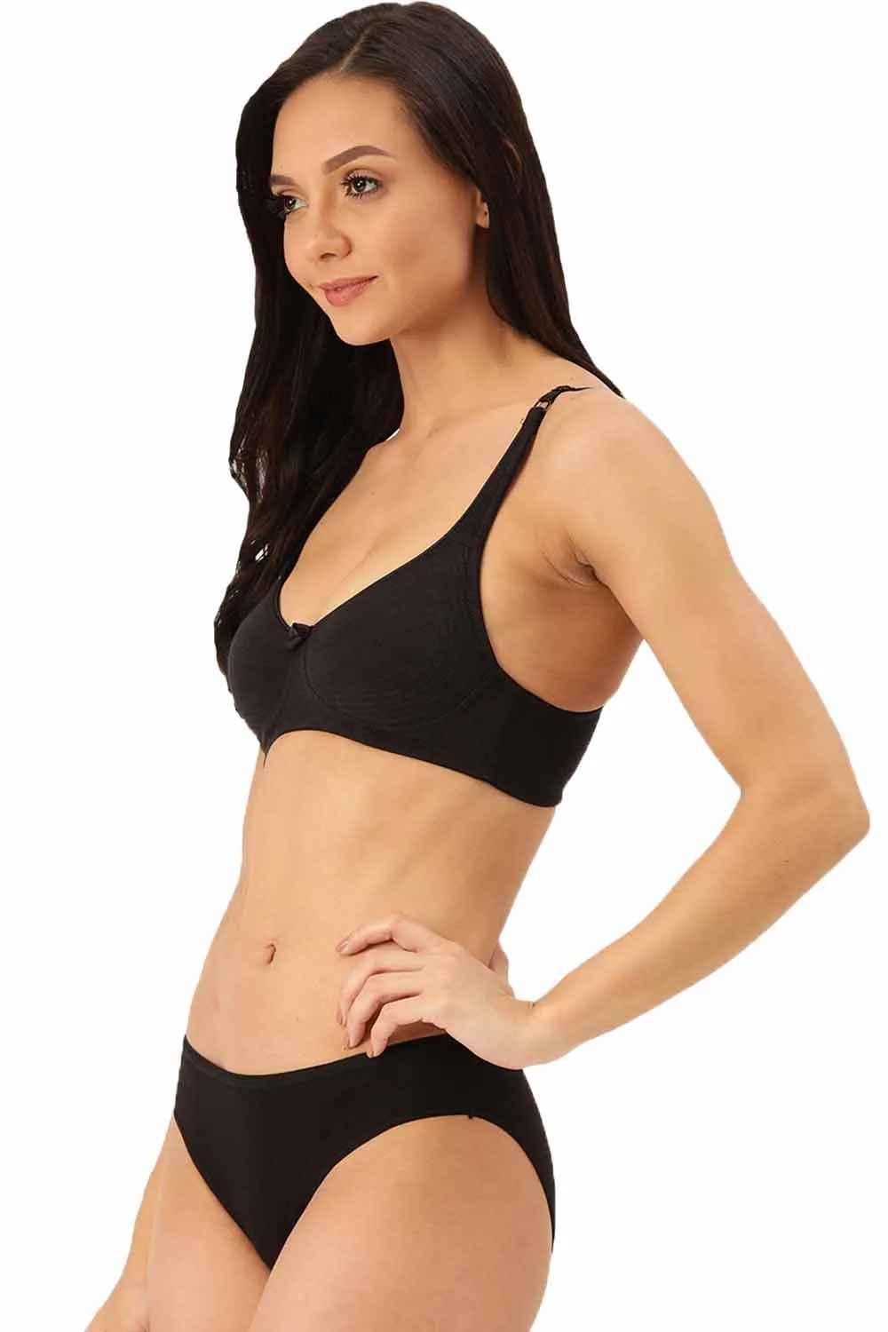 Organic Cotton  Antimicrobial  Seamless Side Support Bra & Panty Set-ISBP057-Bikini-Black-