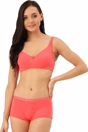 Organic Cotton  Antimicrobial  Seamless Side Support Bra & Panty Set-ISBP057-Bright Pink-