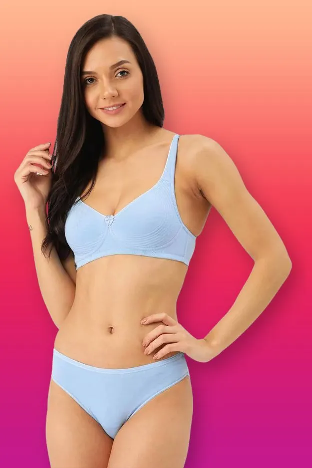 Organic Cotton  Antimicrobial  Seamless Side Support Bra & Panty Set-ISBP057-Sky Blue-