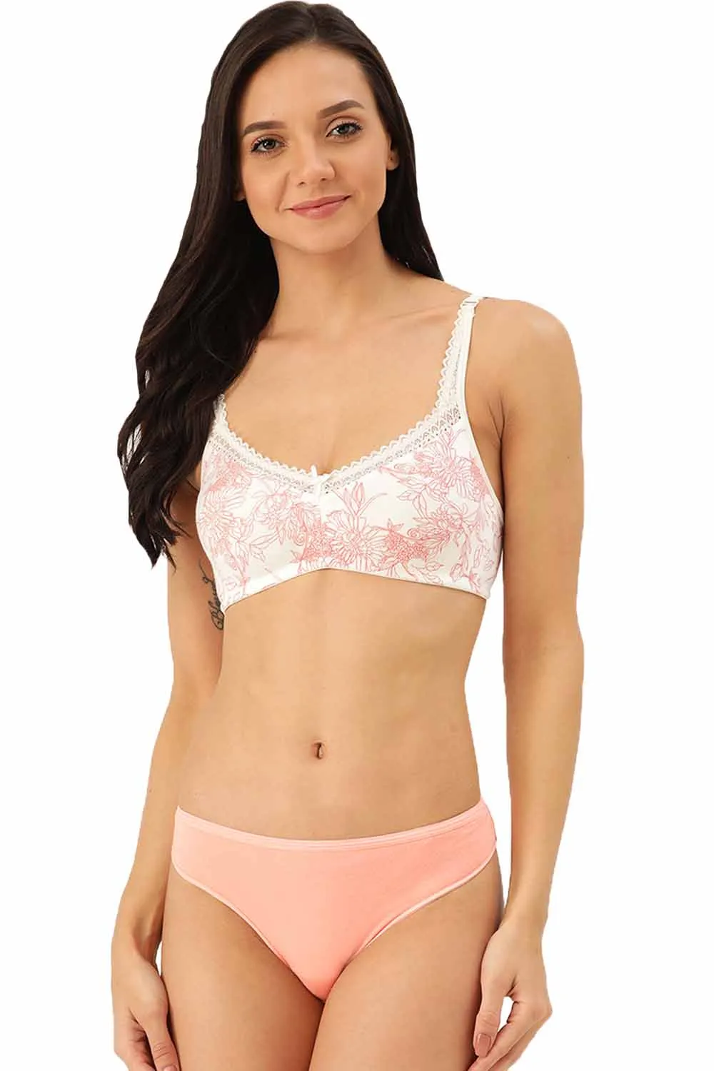 Organic Cotton Antimicrobial Soft Laced Bra & Panty Set-ISBP017-Carrot print-