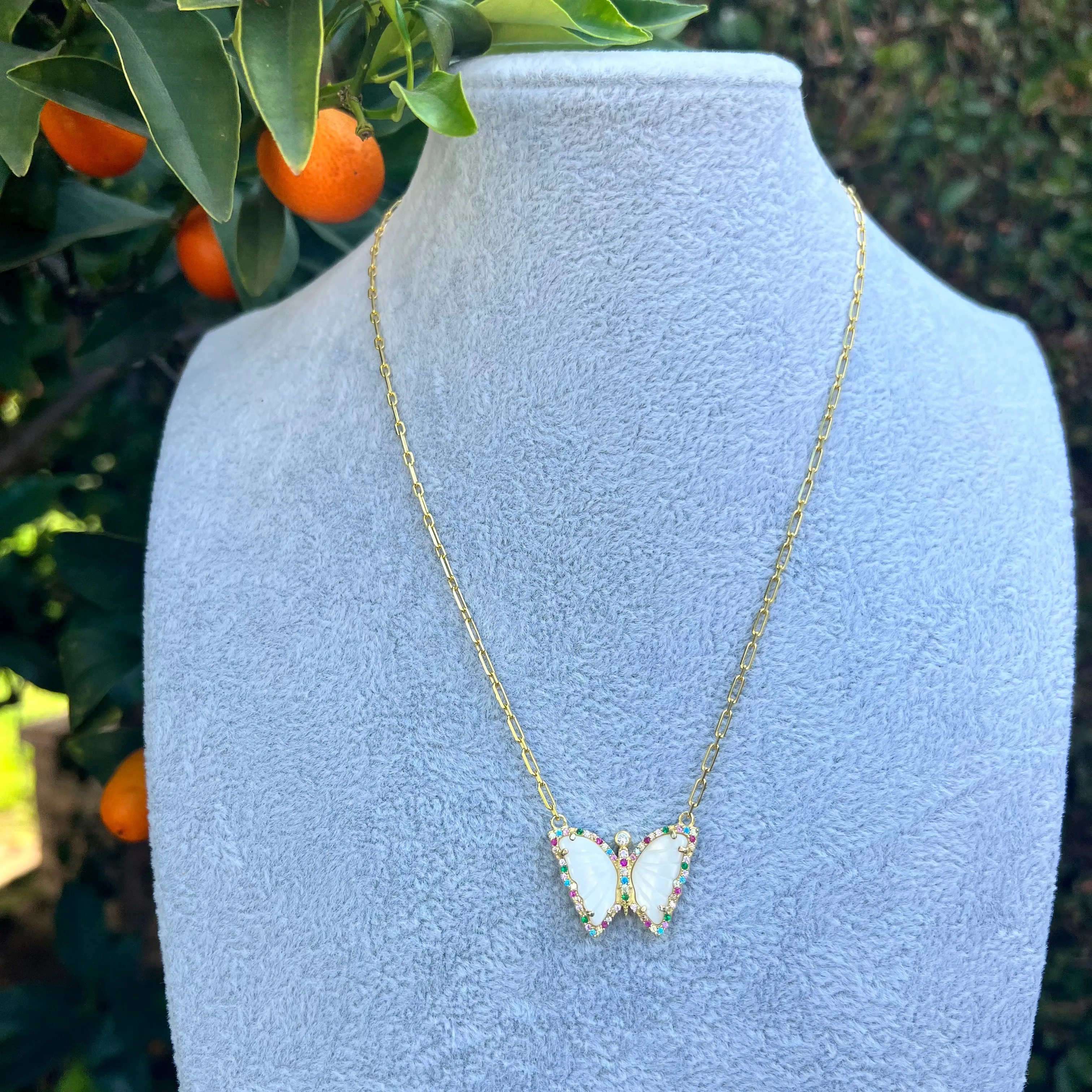 Silver gold plated mother of pearl rainbow butterfly necklace