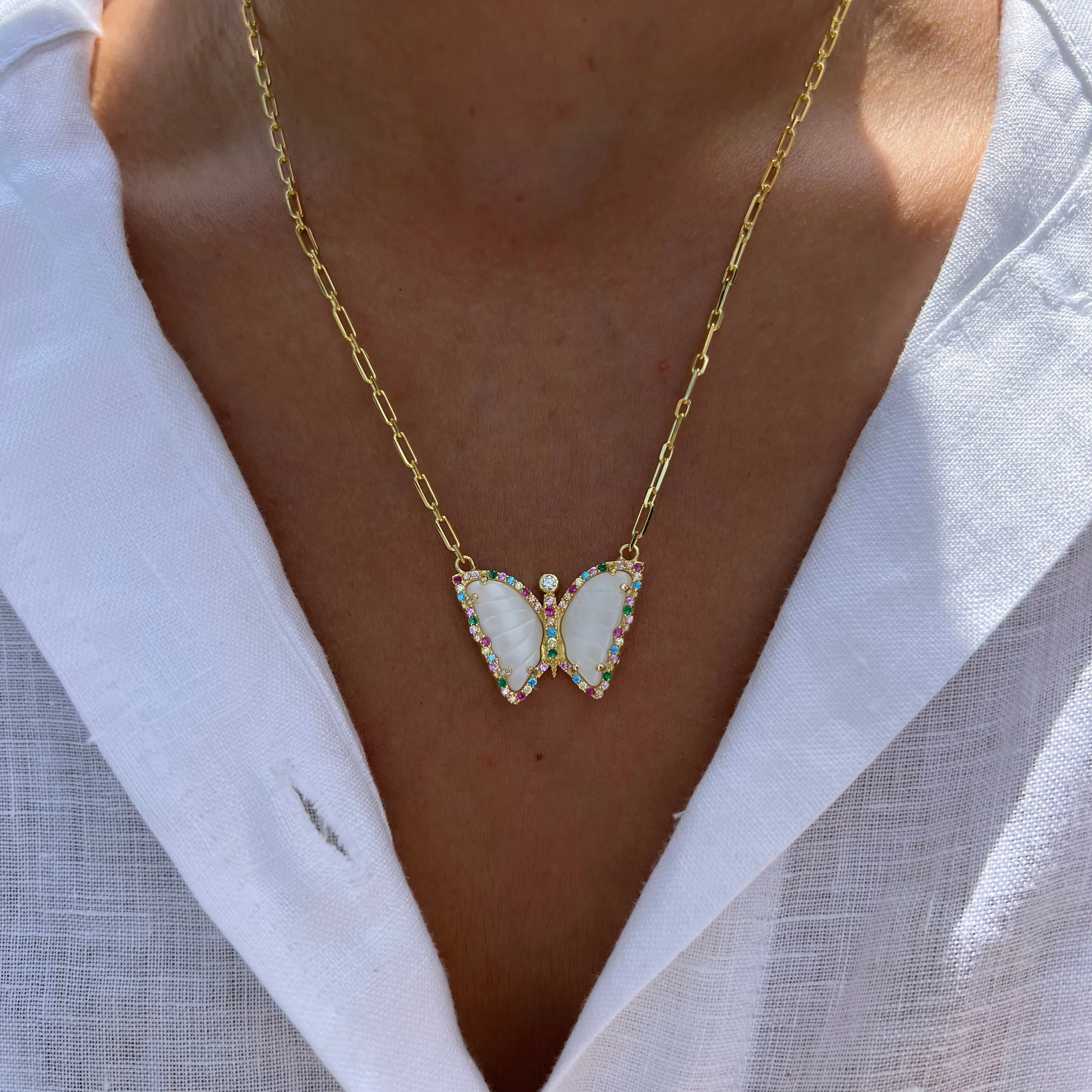 Silver gold plated mother of pearl rainbow butterfly necklace