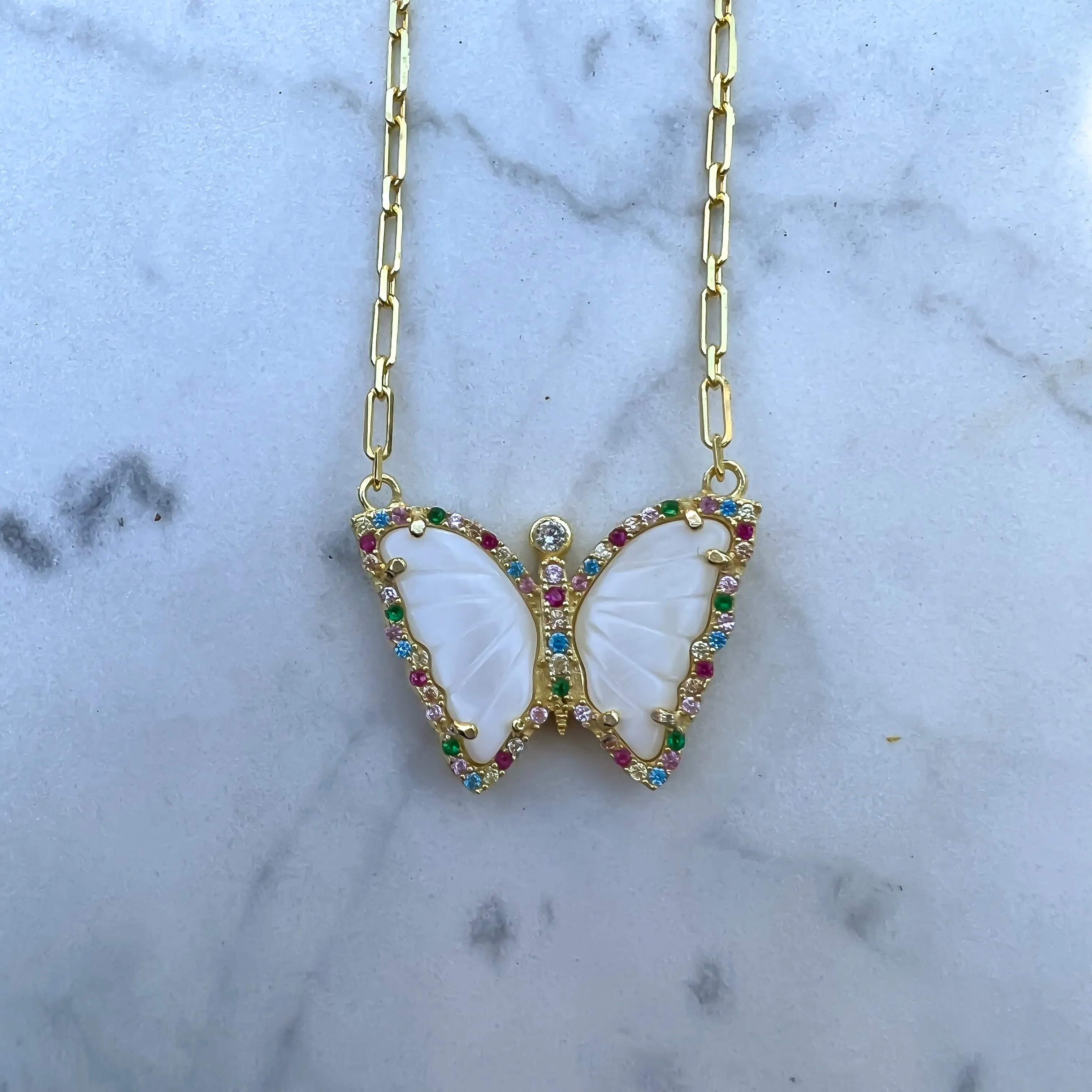 Silver gold plated mother of pearl rainbow butterfly necklace