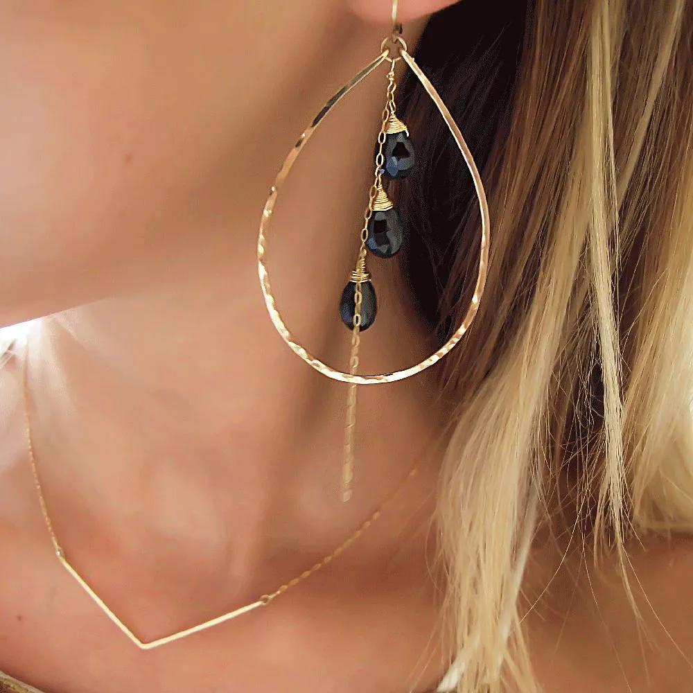 Teardrop Gemstone Fall Hoops - Black Spinel