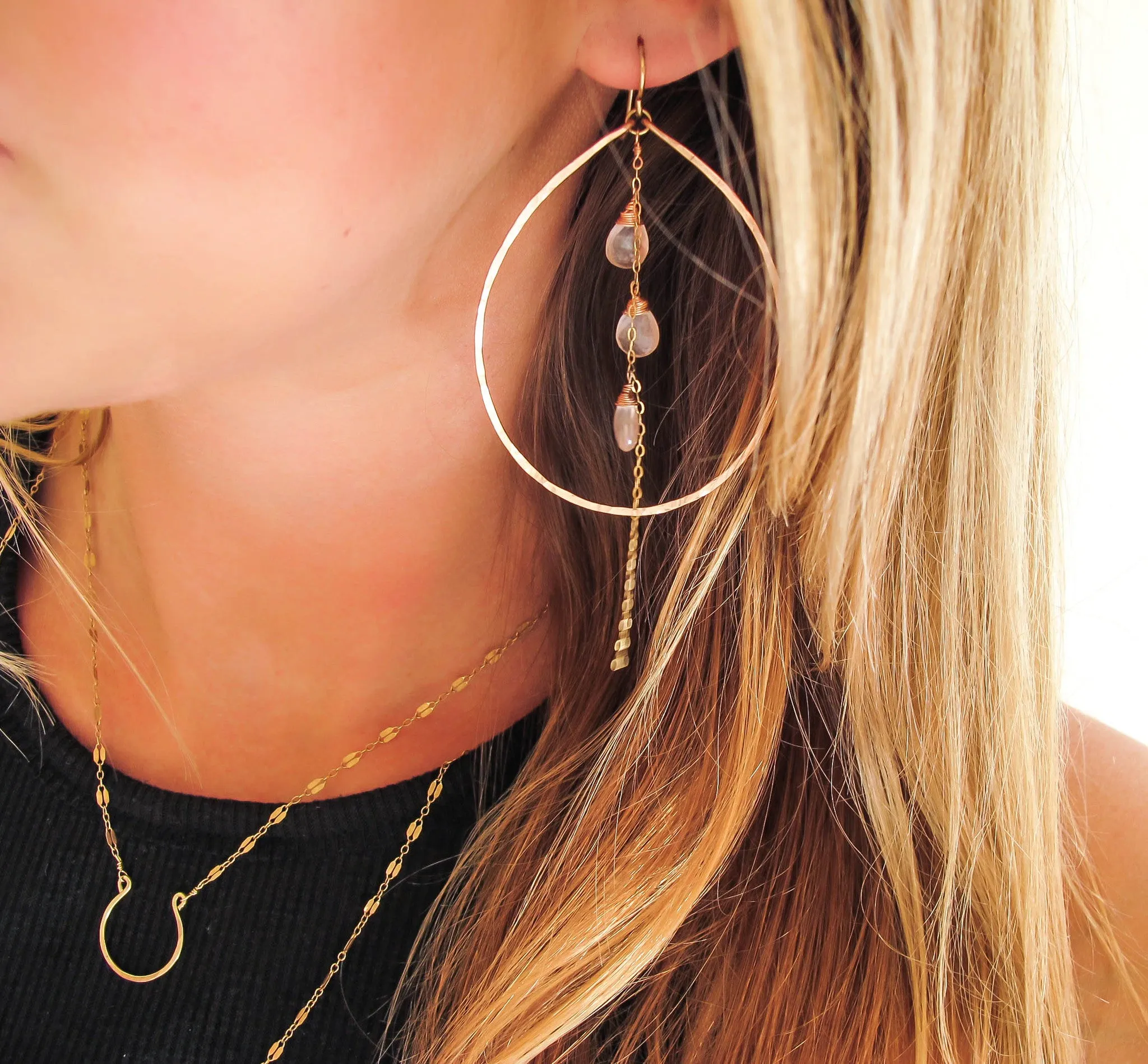 Teardrop Gemstone Fall Hoops - Rose Quartz