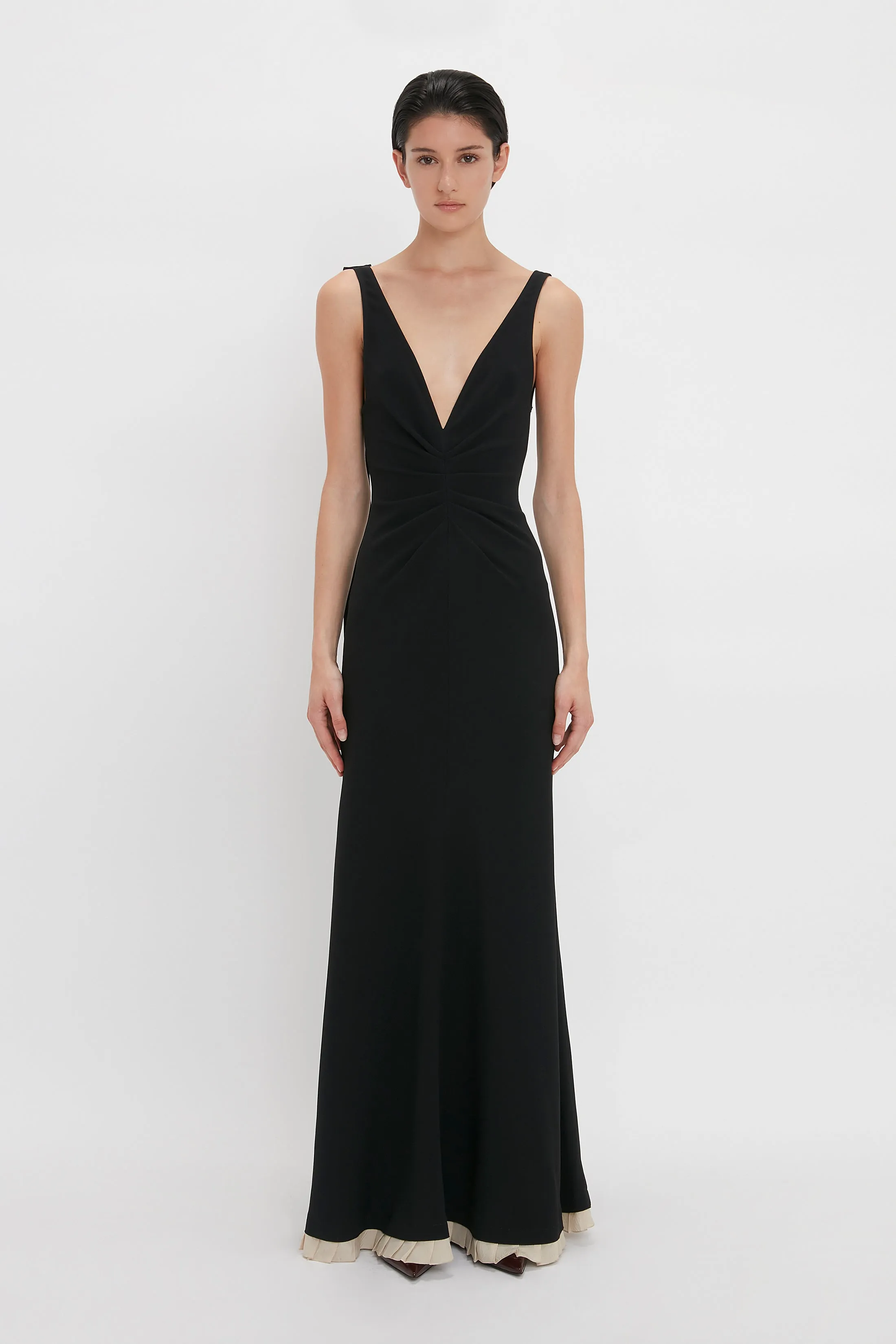 V-Neck Gathered Waist Floor-Length Gown In Black