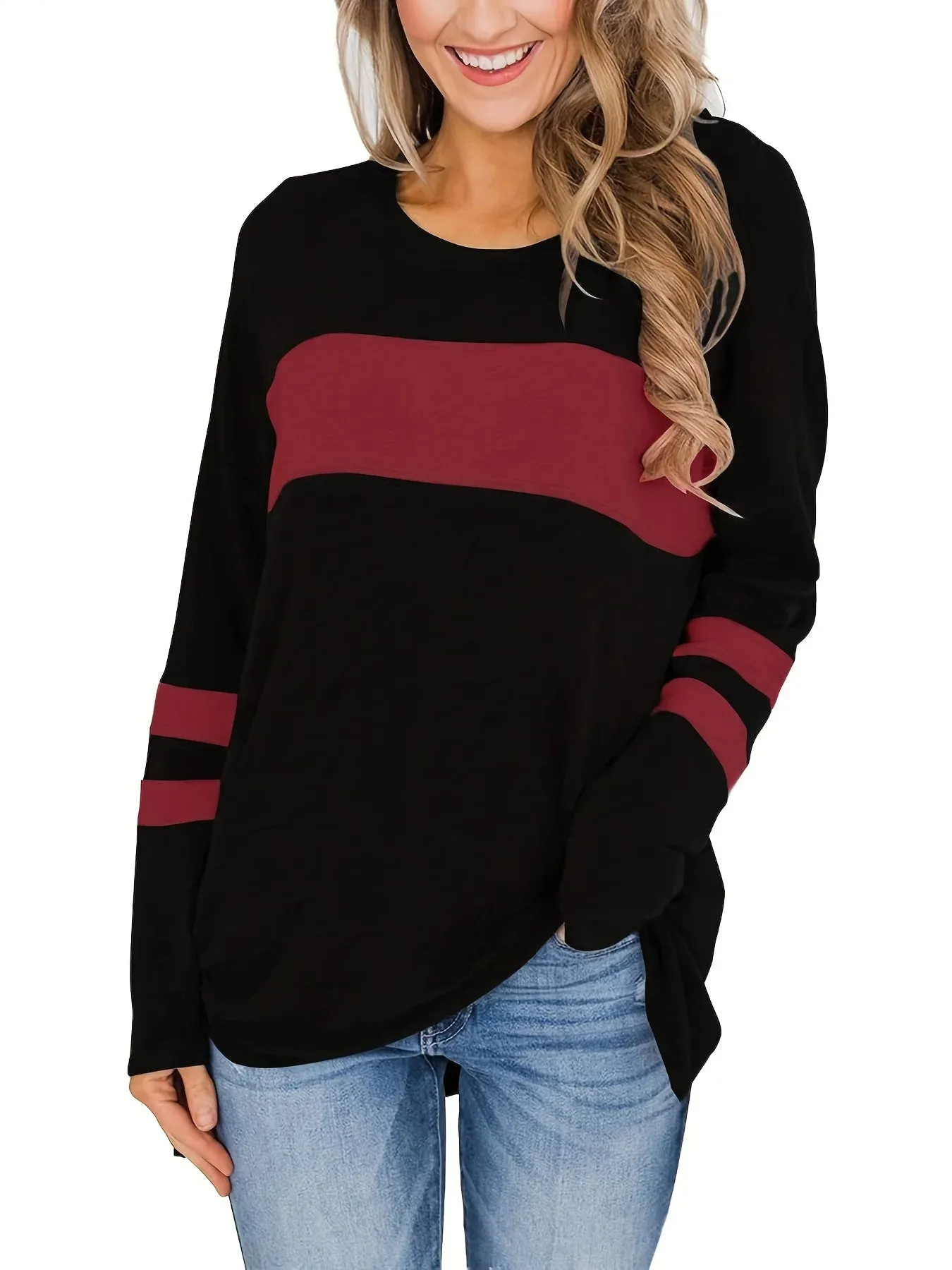 Women's Plus Size Colorblock Stripe Print Tunic T-shirt with Long Sleeves and Slight Stretch - Casual and Comfortable