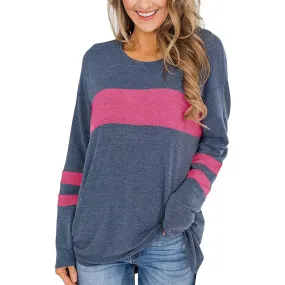 Women's Plus Size Colorblock Stripe Print Tunic T-shirt with Long Sleeves and Slight Stretch - Casual and Comfortable